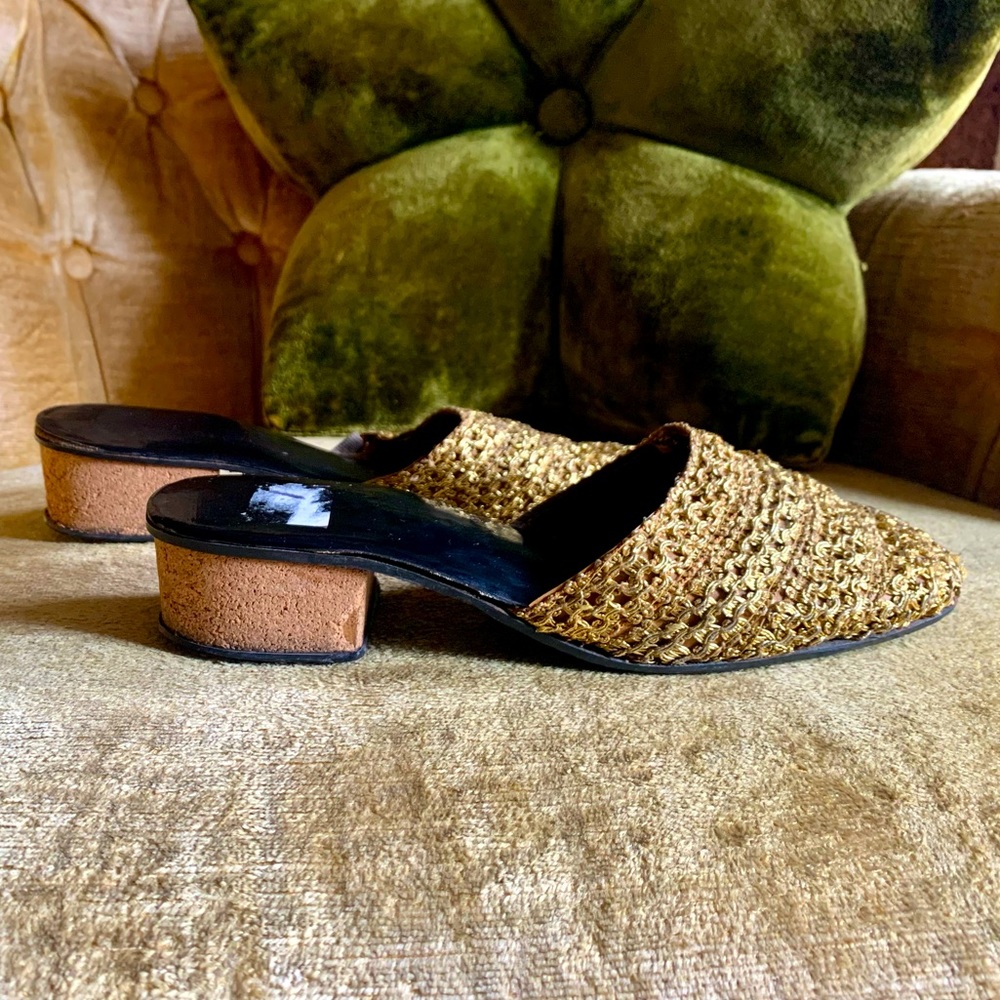 70s vintage gold cork platform heel slip on shoes